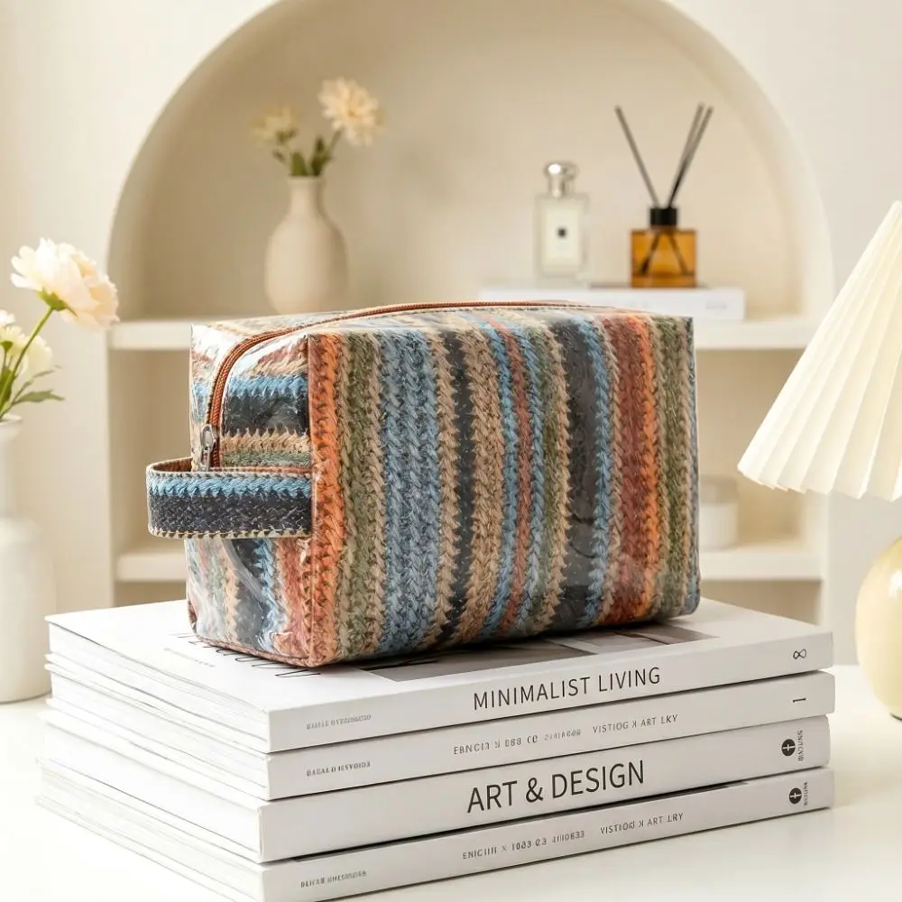 Imitation Straw Weave Pattern Portable Cosmetic Bag Large Capacity Waterproof Travel Toiletry Organizer Multipurpose Lightweight