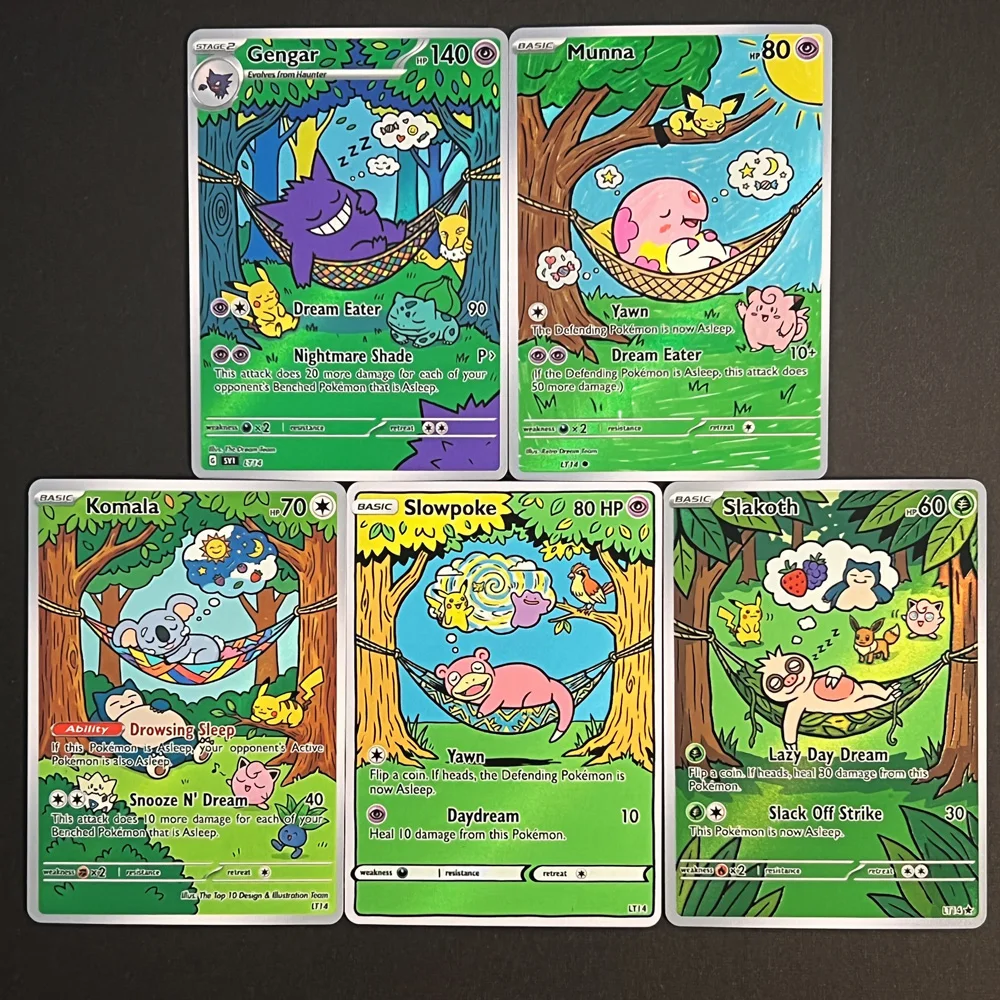 cartas-de-pokemon-ptcg-estilo-pintura-a-Oleo-gengar-munna-komala-slowpoke-slakoth-cartas-colecionaveis-raras-holo-presente-pokemon