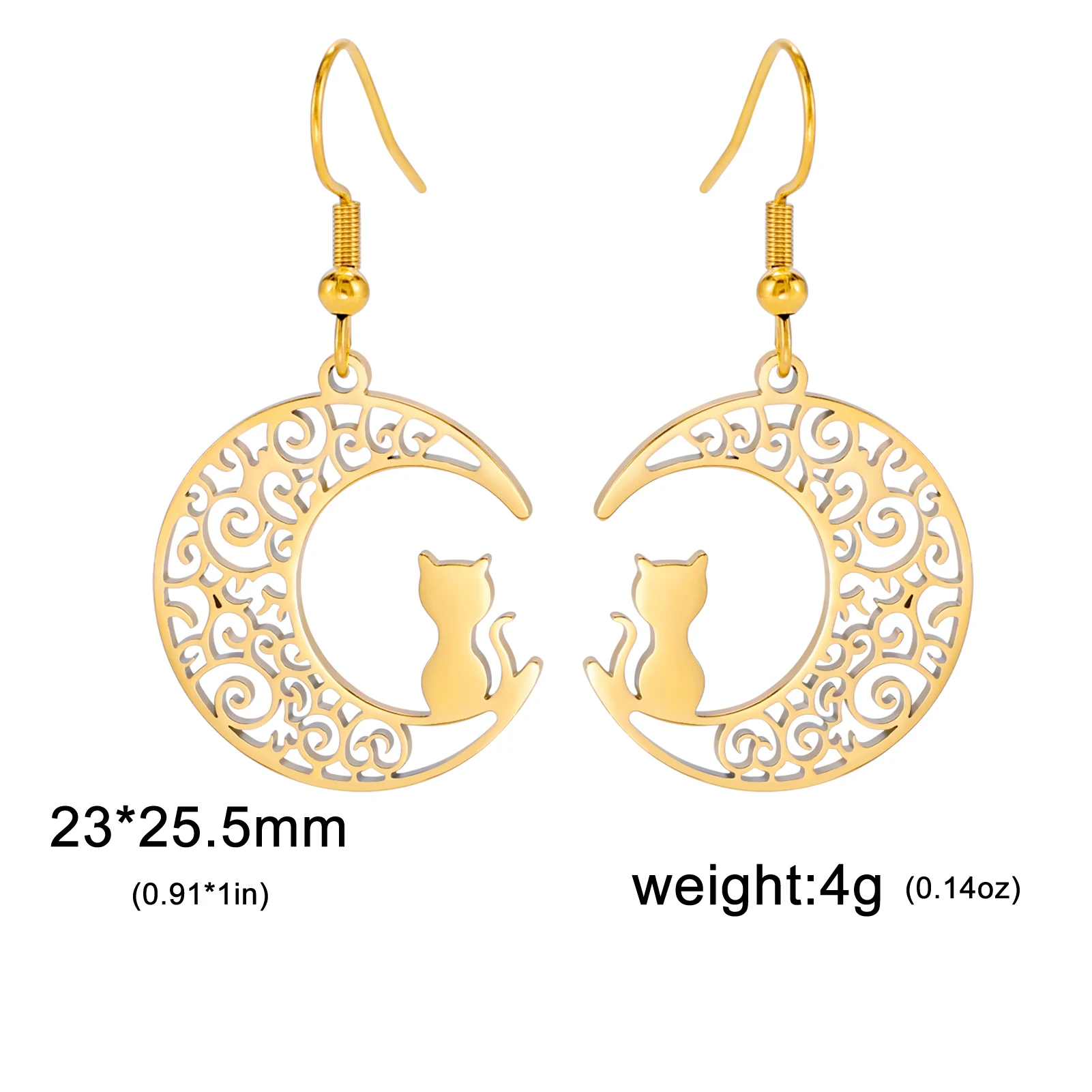 Skyrim Moon Cat Drop Earrings Stainless Steel Filigree Crescent Witchy Gothic Pendant Earrings Jewelry Birthday Gift for Women