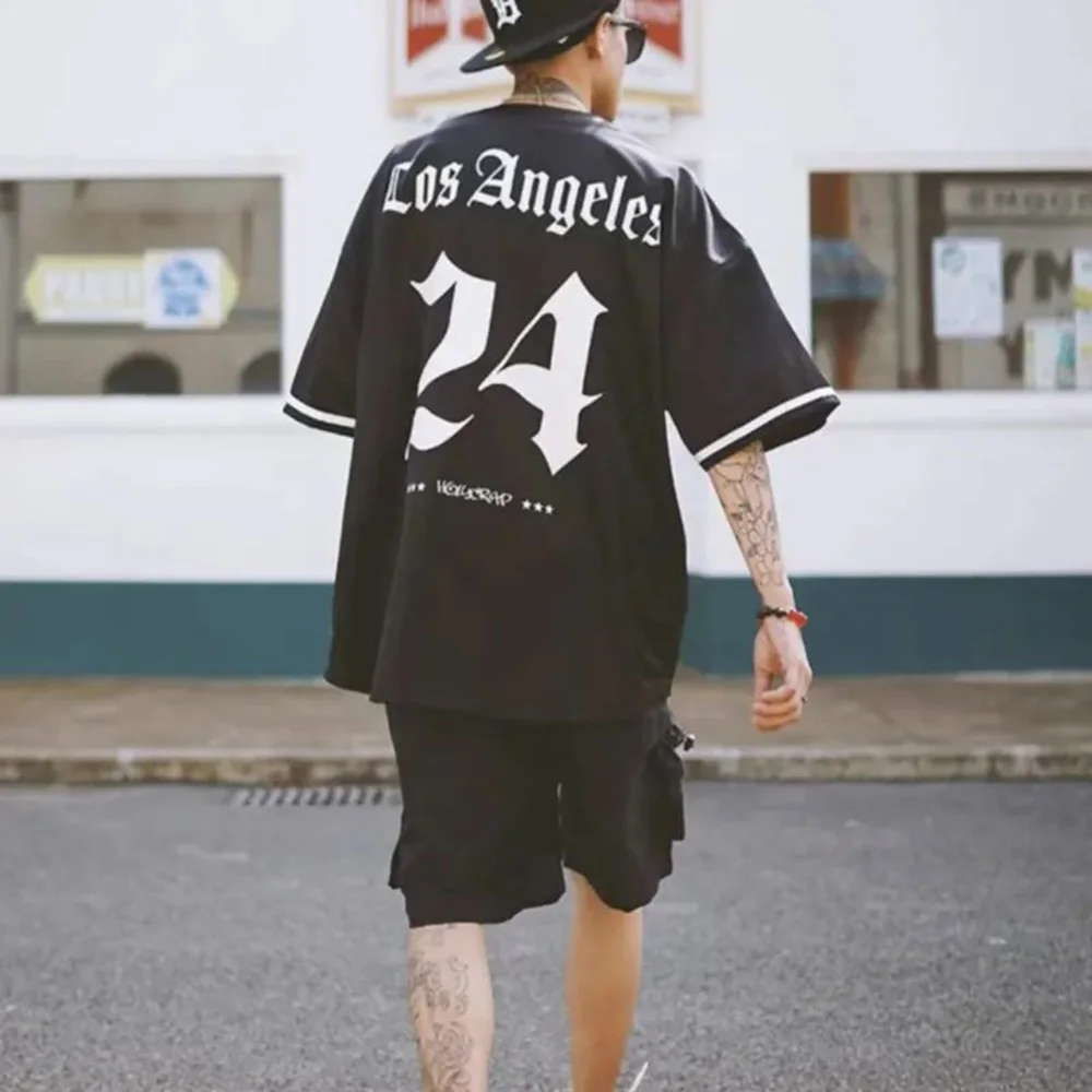 Short Sleeve Shirt American Jersey Retro Baseball Y2K Cardigan T-shirt Hip Hop Letters West Coast Chic Tops Mens Clothing Summer