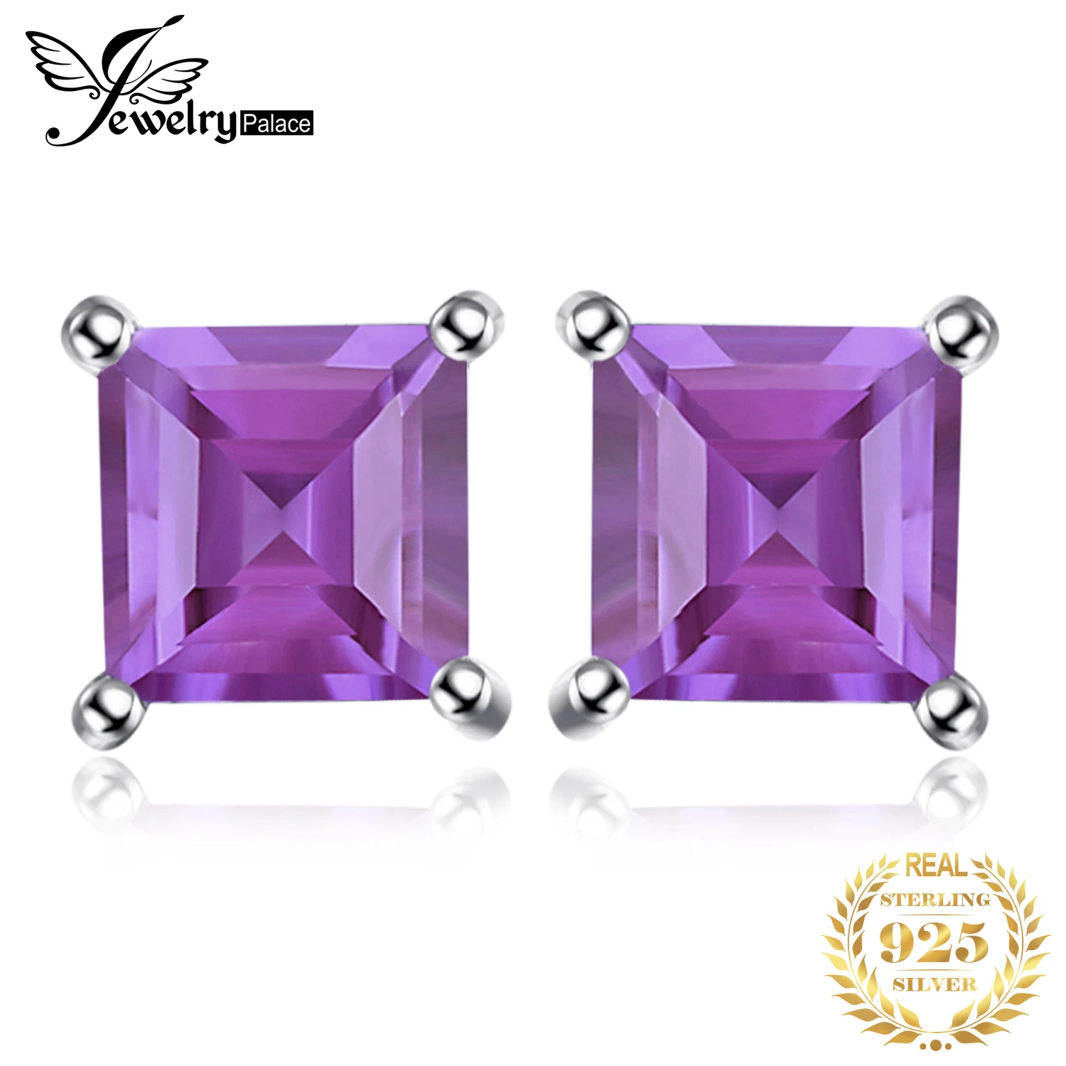 

JewelryPalace Square Genuine Natural Amethyst 925 Sterling Silver Stud Earrings for Women Fashion Jewelry Princess Earrings