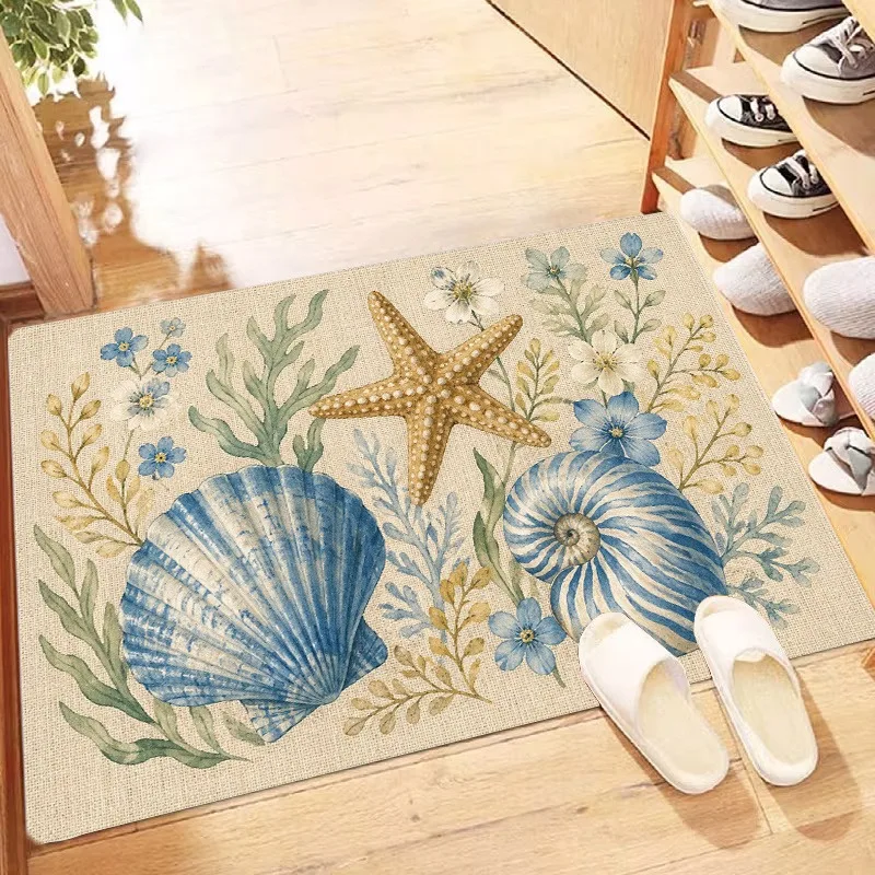 Coastal Beach Door Mat Soft Watercolor Seashell Starfish Seaside Sand Print Front Door Entryway Hallway Home Decor Floor Carpet