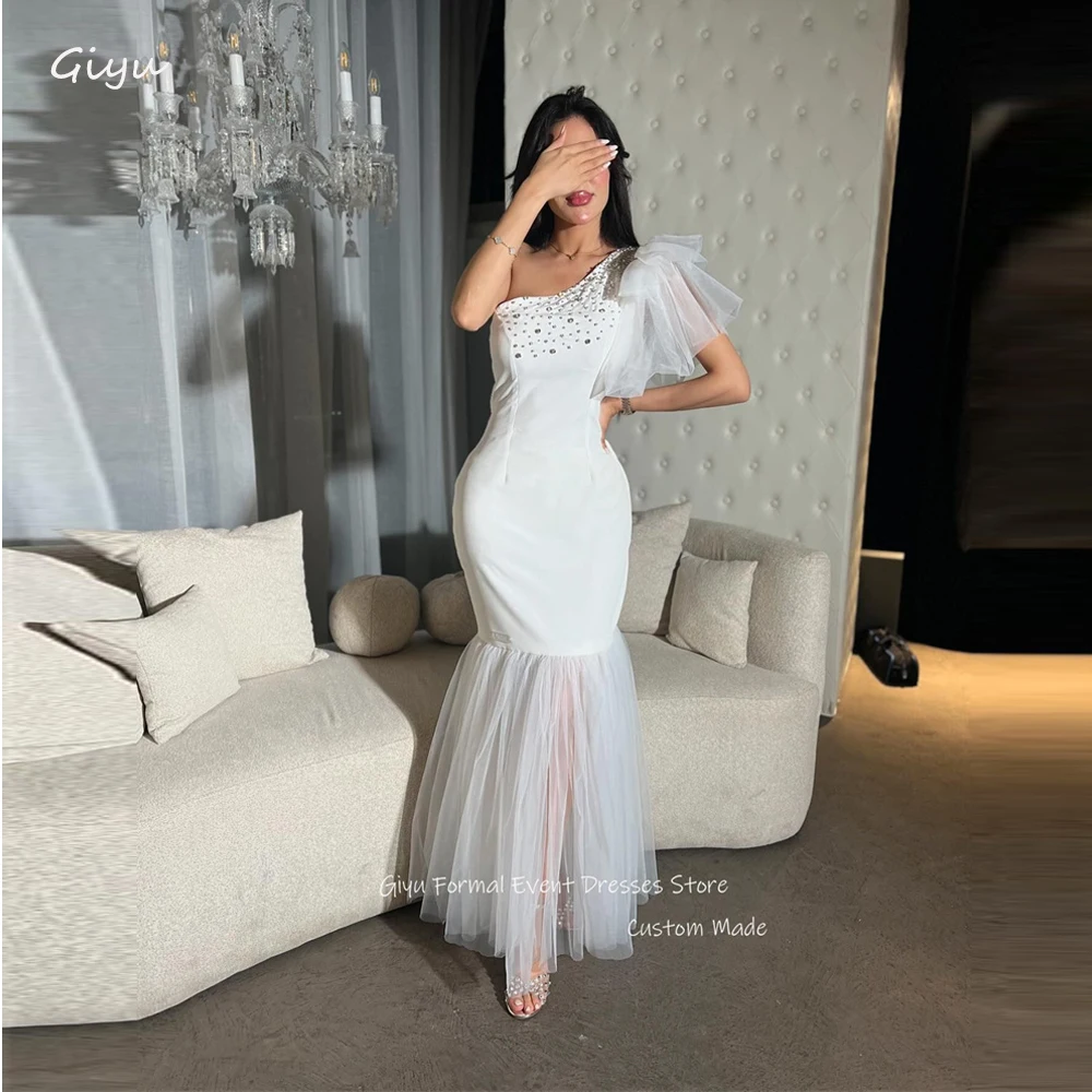 

Giyu White Mermaid Evening Dresses Arabic Women Beads Shiny Ankle Length Prom Gowns Formal Party Occasion Dress