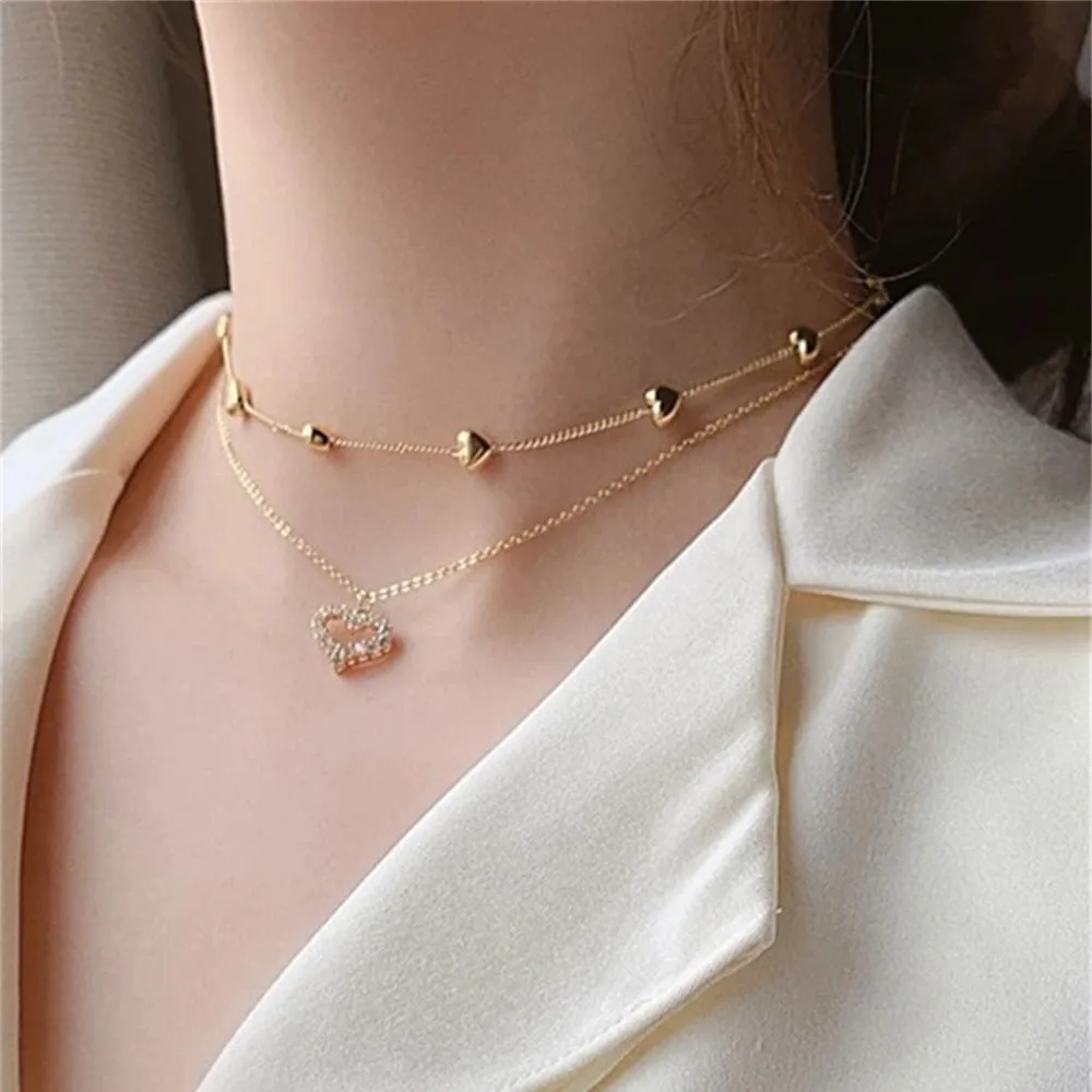 Fashion Vintage Gold-plate Multi-level Crystal Heart Pendant Necklace For Women Female Boho Punk Sexy Choker Jewelry Party Gift