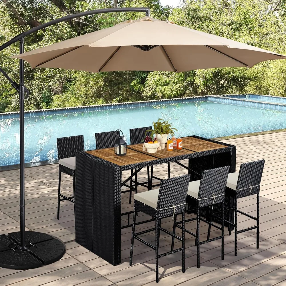 

7 Piece Outdoor Patio Dining Set Acacia Wood Bar Table And Chairs with Removable Cushions Wicker Furniture for Garden Deck