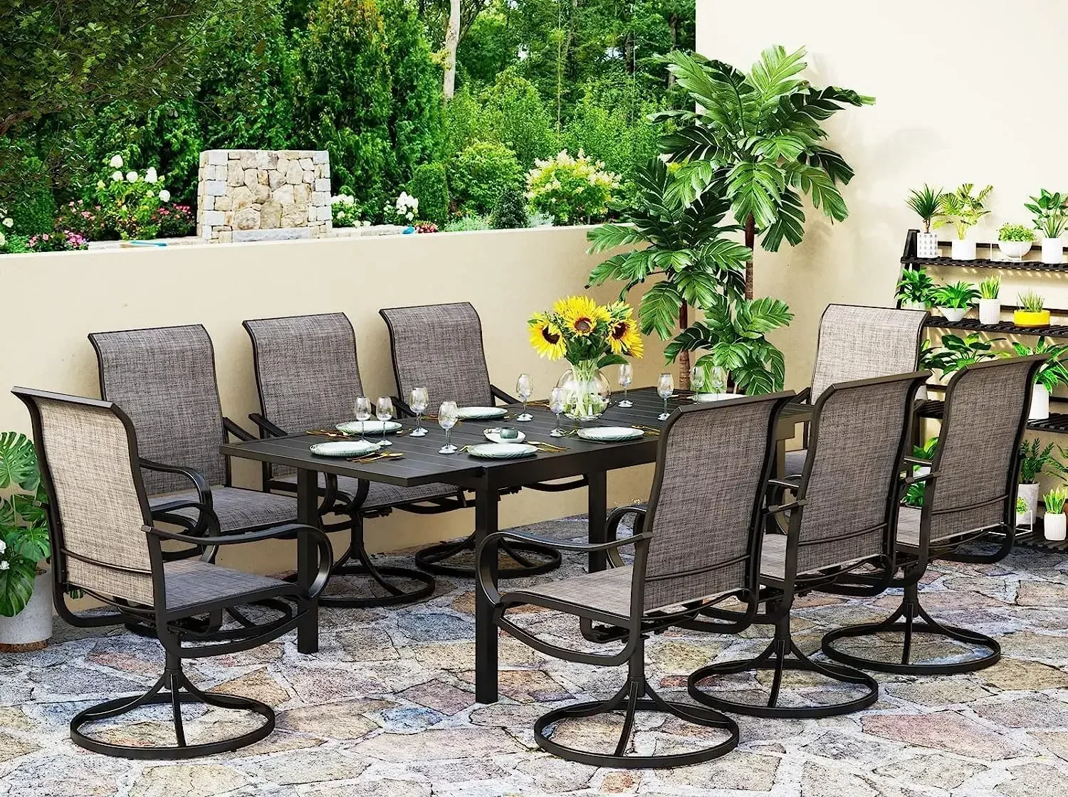 9 Piece Outdoor Patio Dining Set for 8 Person, Outdoor Furnitue Table and Chair Set with 8 Swivel Outdoor Chairs