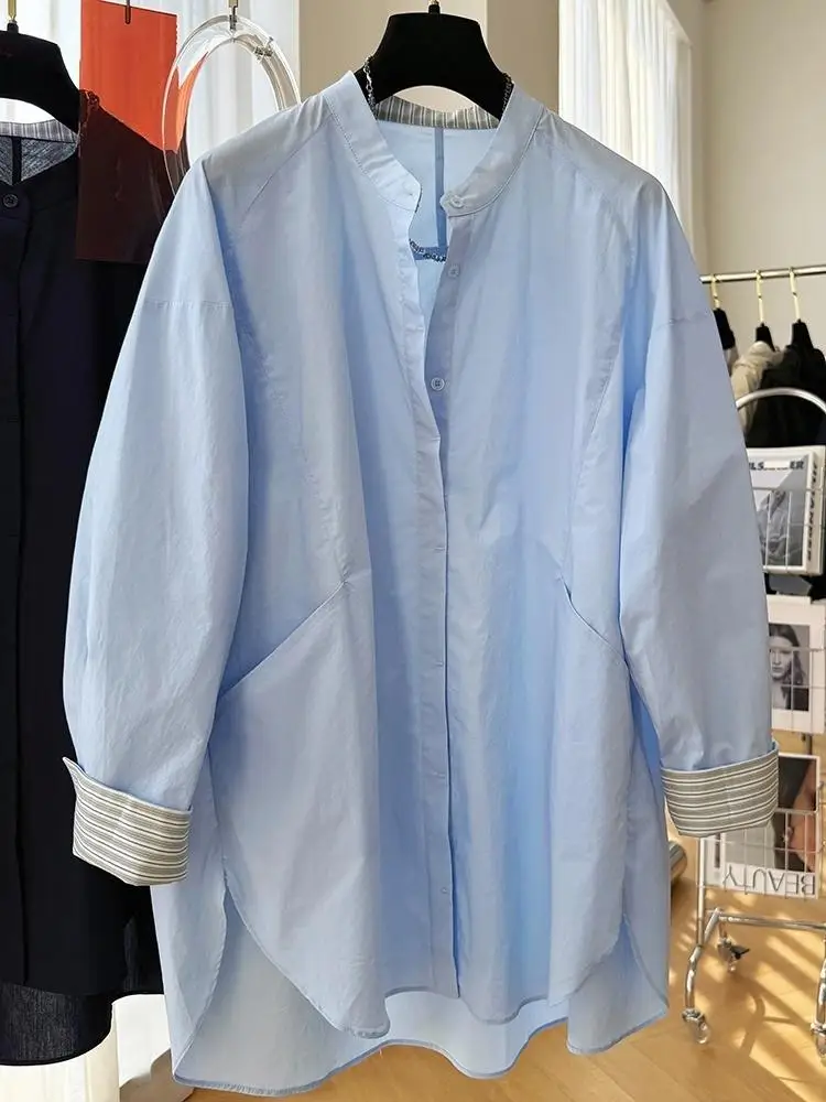 

SuperAen Asymmetrical Mid-length Long-sleeved Stand-up Collar Shirt for Women Unique Spring and Autumn New Blue Tops