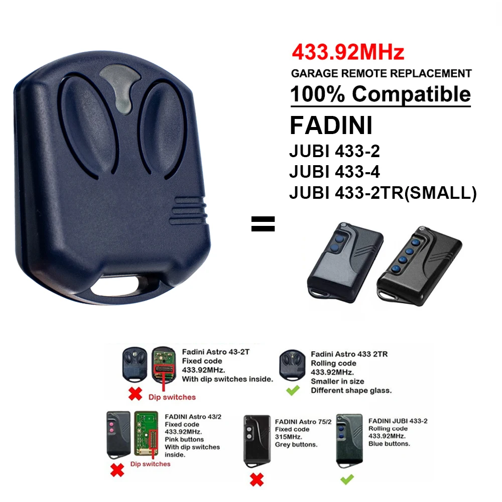 1-10pcs For FADINI Astro 433 2TR / JUBI 433-2 433-4 DIVO 71/4 Garage Door Remote Control 433.92MHz Rolling Code Command Key Fob
