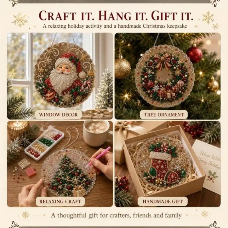 Christmas 3D Pearl Rhinestone DIY Craft Kit Metal Chain Festive Window Wall Holiday Home Decoration