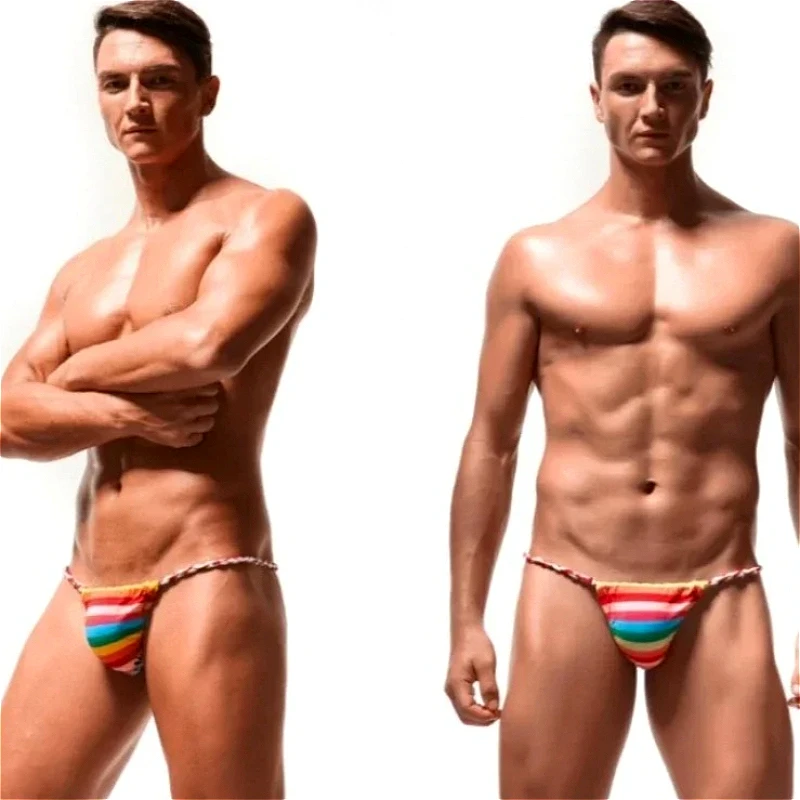 Rainbow Striped Thongs Mens Sexy Underwear Soft Man Bulge Pouch G-string Male Bikini Underpants Trunks Low Rise T-back Panties