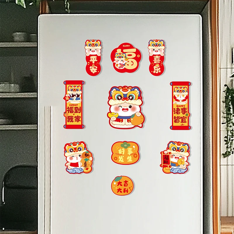 Houseeker 10pcs New Year Refrigerator Sticker Cartoon Spring Festival Magnet Fridge Decoration Joyful 2025 CNY Pendants Gift