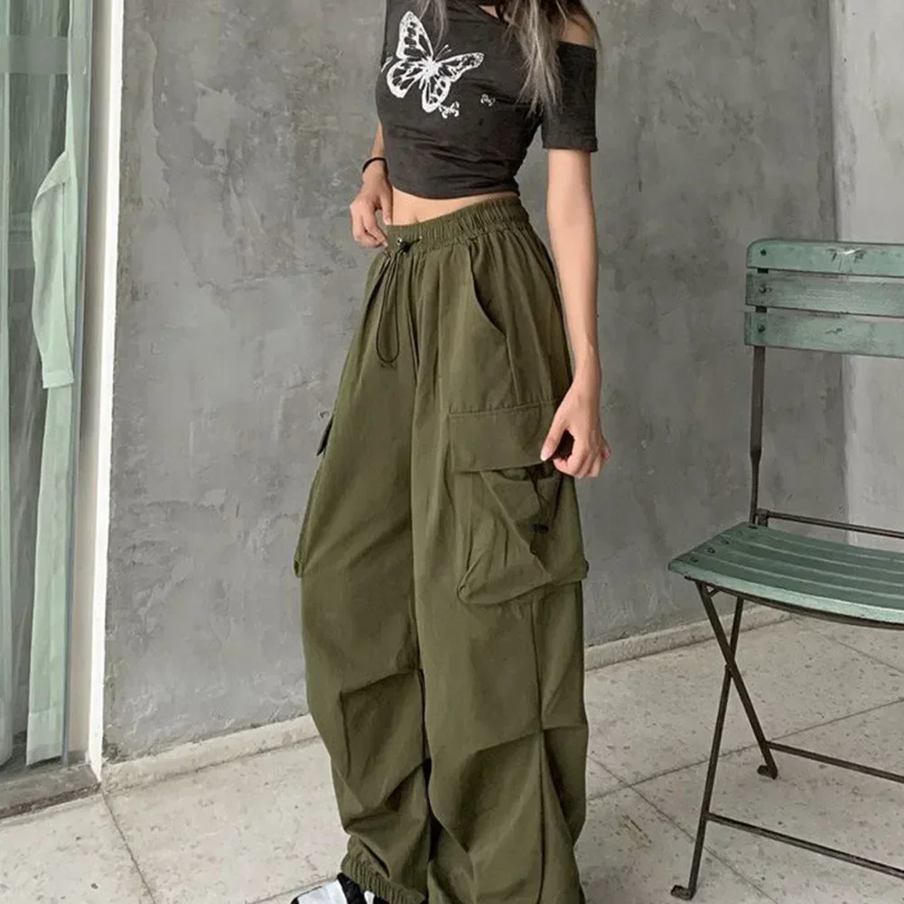 

Women Pants Solid Color Streetwear Trousers Y2k Baggy Wide Leg Pants Drawstring High Waist Pockets Cargo Pants