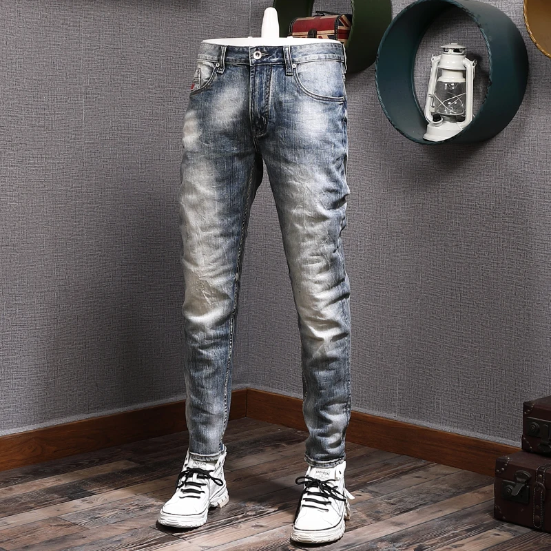 Italian Style Fashion Men Jeans Retro Blue Elastic Slim Fit Ripped Jeans Men Trousers High Quality Vintage Designer Pants Hombre
