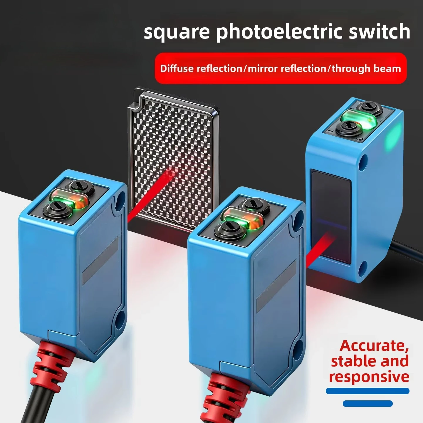 BRRR-E100N Square Photoelectric Switch Sensor, Diffuse Specular Reflection DC Three-wire NPN 24V 3ms Industrial Grade