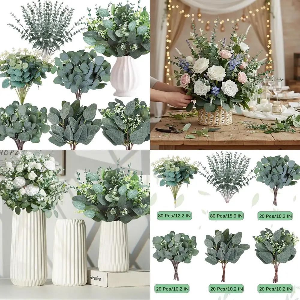 

Artificial Mixed Eucalyptus Leaves Stems - 240 Pieces, 6 Varieties, Bulk Silver Dollar Leaf Picks, Dried Eucalyptus Bundles for