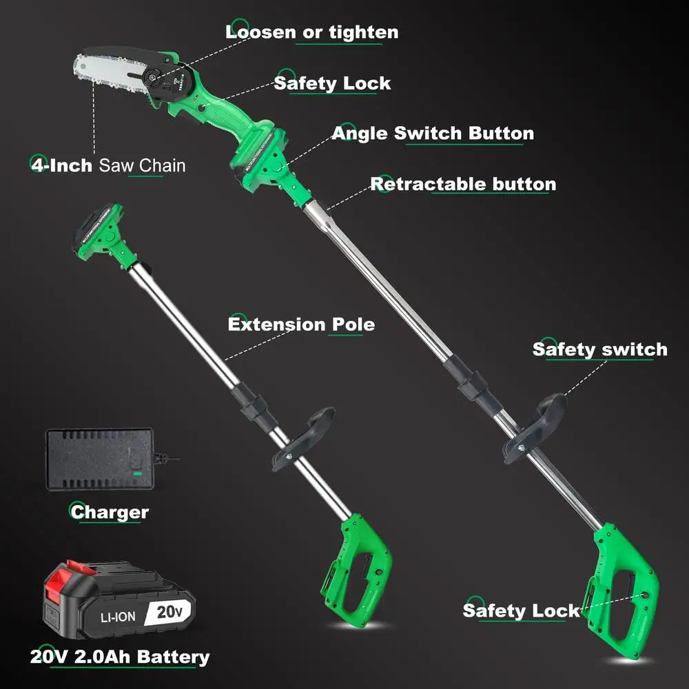 2-in-1 MINI Chainsaw ไฟฟ้าเลื่อยเสาเสาไร้สาย POLE Chainsaw แบตเตอรี่ขับเคลื่อน 2 ก้อน 5.5ft น้ําหนักเบา