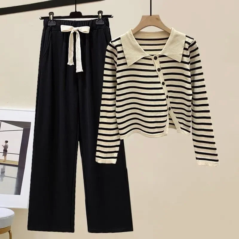 

Пуловер с лацканами, контрастный полосатый воротник-поло, трикотажная футболка с длинными рукавами, повседневные широкие брюки, брючный костюм