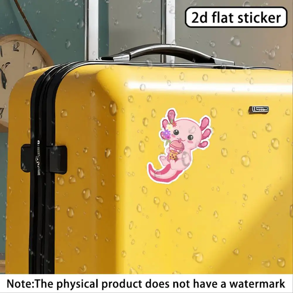 Cute Pink Axolotl Drinking Bubble Tea Sticker Vinyl Decal With Mexican Boba T Waterproof Stickers For Decorating Car Windows Mot