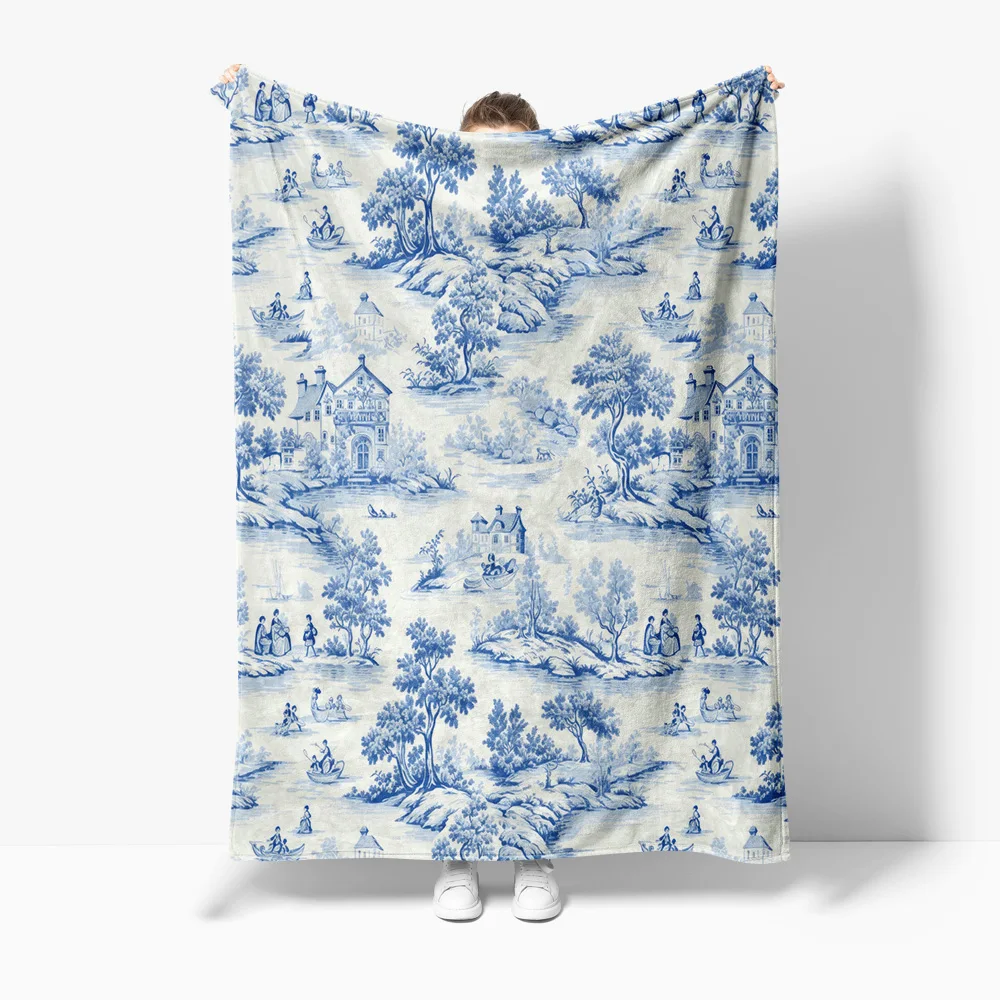 

Синее традиционное антикварное одеяло в стиле шинуазри с цветочным узором, декоративная подушка для дивана-кровати