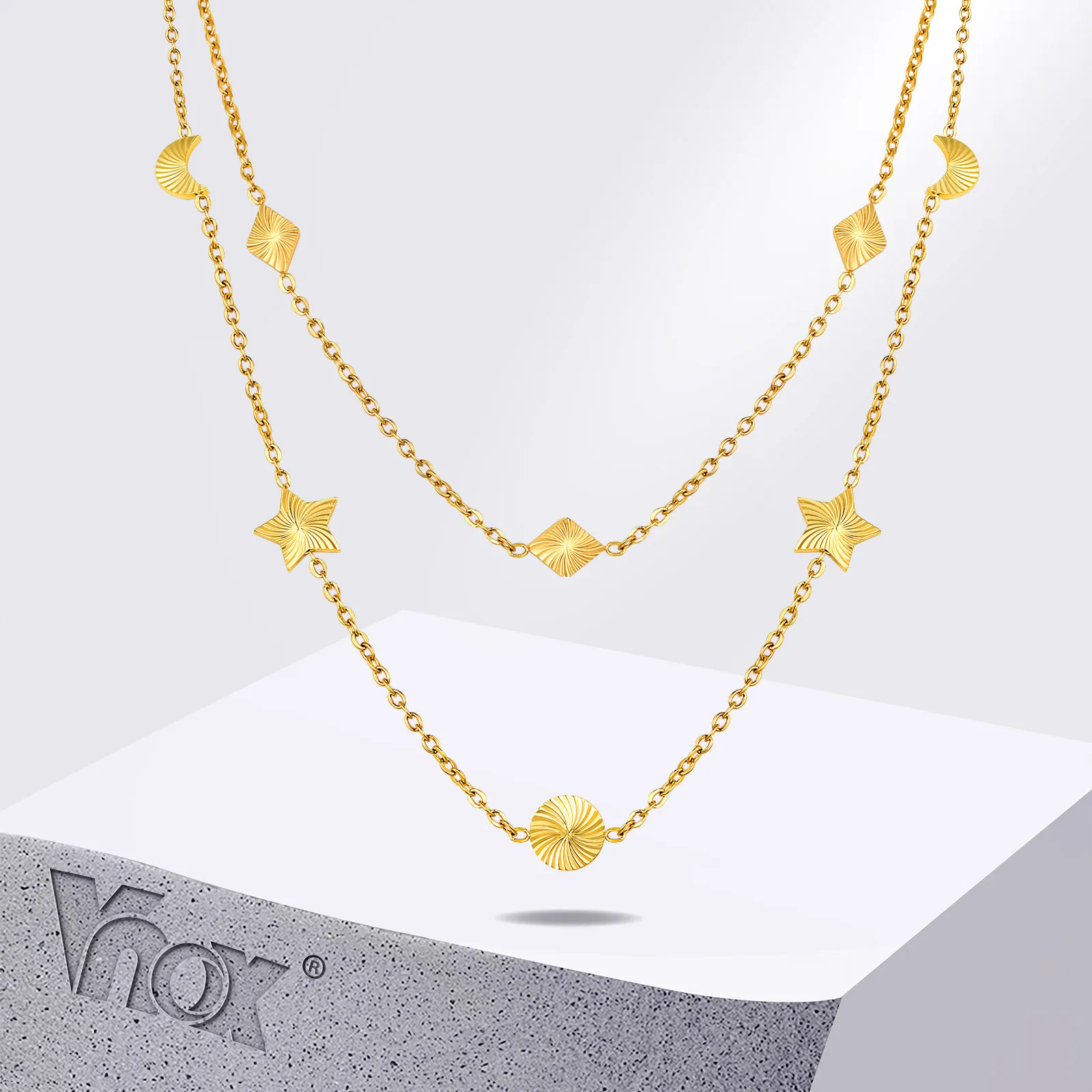 

Vnox 18K Gold Plated Stainless Steel Chain Necklaces for Women Girls, Chic Moon Star Lozenge Charms Collars,Dainty Metal Chokers