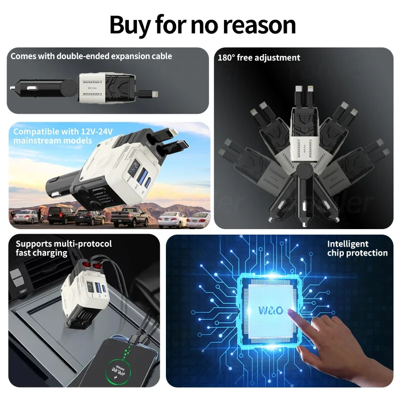 Nový 120W auto nabíječka 4 v 1 zatažitelný auto cigareta světlejší adaptér USB typ C rychle nabíjení kabel pro iPhone Huawei Samsung