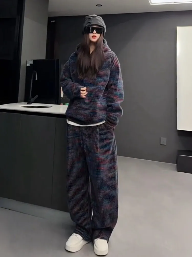 Fashion Women Winter Hooded Fleece Lining Thicken Warm Tracksuit Pullover Sweatshirt Straight Pants Running Sports Two Piece Set