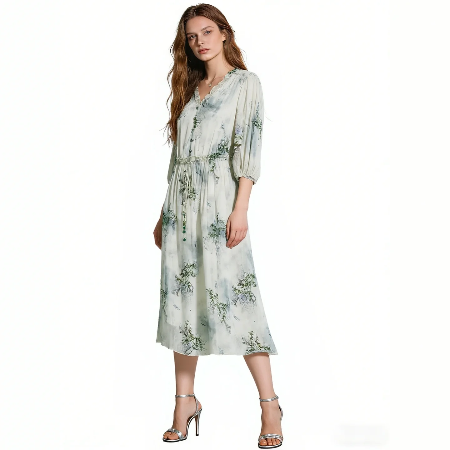 

Vintage Oriental Green Bamboo Print Chiffon Dress Ruffle V Neck Tie Waist A Line Midi Dress Summer Beach Vacation Dress
