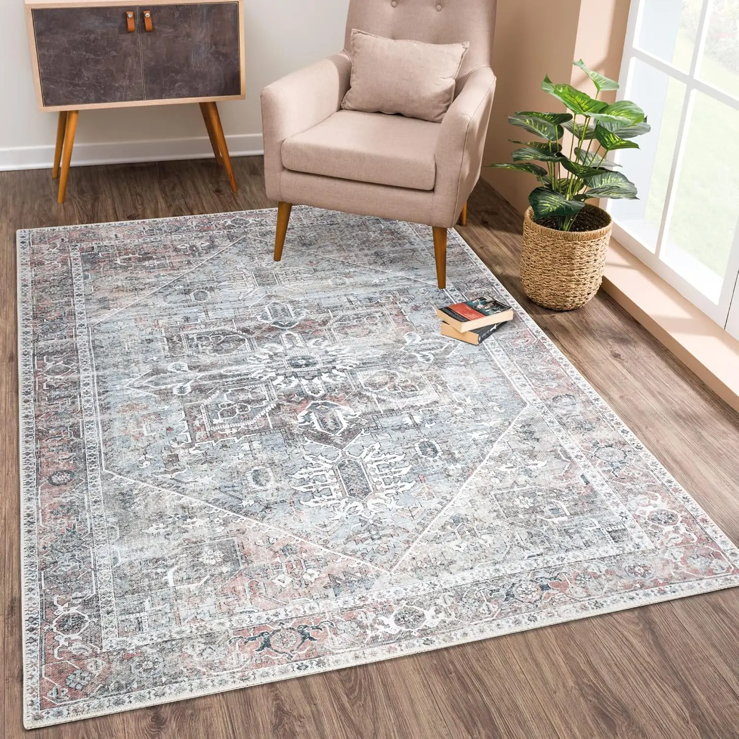 

Washable Non-Slip 9' x 12' Rug - Light Pink/Light Blue Traditional Medallion Area Rug for Living Room