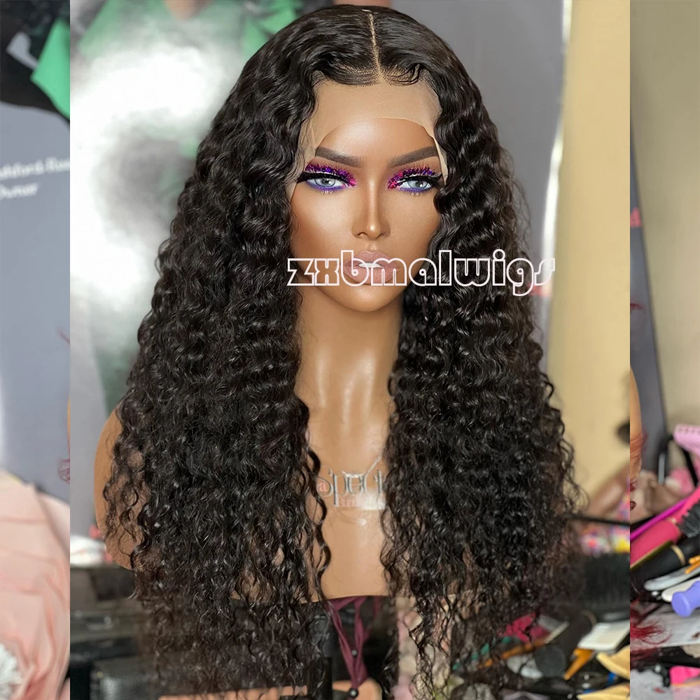 Mxwigs synthetisches Haar schwarz tief lockig 13 x4 Spitze Front Perücke für Frauen leimlos vor gezupft hitze beständiges Cosplay