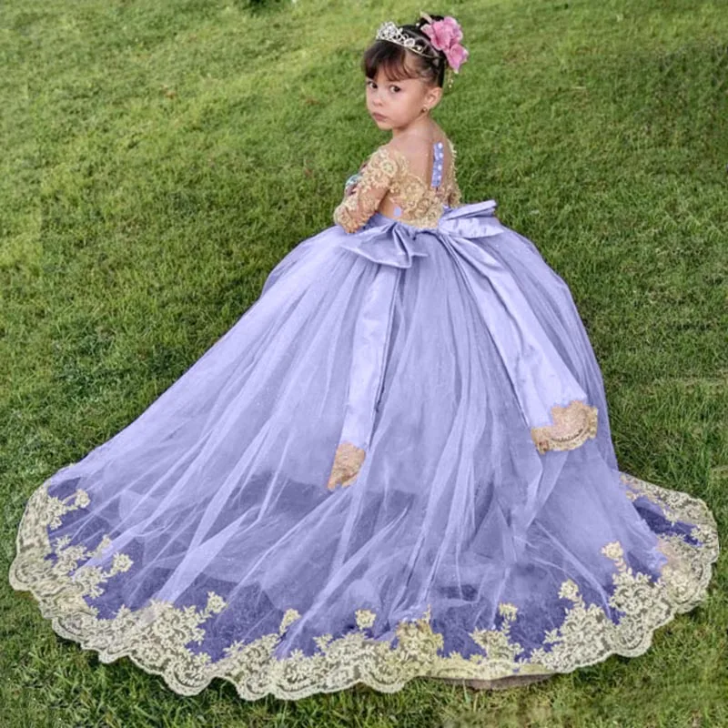 Vestidos de manga larga para niña de flores con fajas, vestido de desfile de princesa de tul con apliques dorados, vestido de cumpleaños para niños, primera comunión