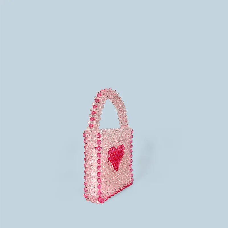 New Winter Heartbeat Handmade Bead Bag with Multi Color Love Pattern Crystal Powder Handheld Open Small Square Bag