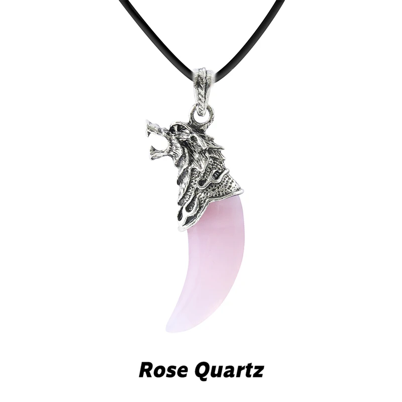 Wolf Tooth Pendant Necklace with Rose Quartz & Amethyst