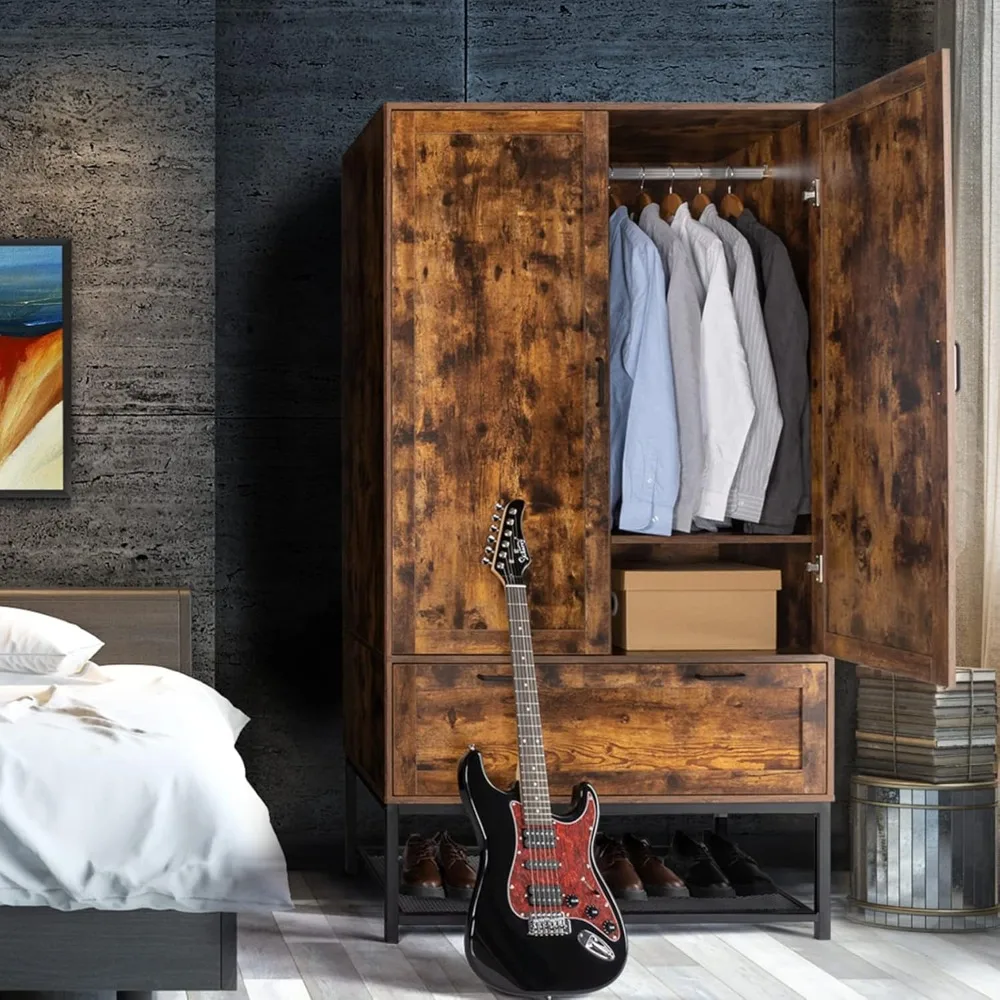 

38" W Armoire, Wardrobe Closet with Hanging Rod, Bedroom 71" Freestanding Wardrobe Cabinet with Doors, Adjustable Shelves