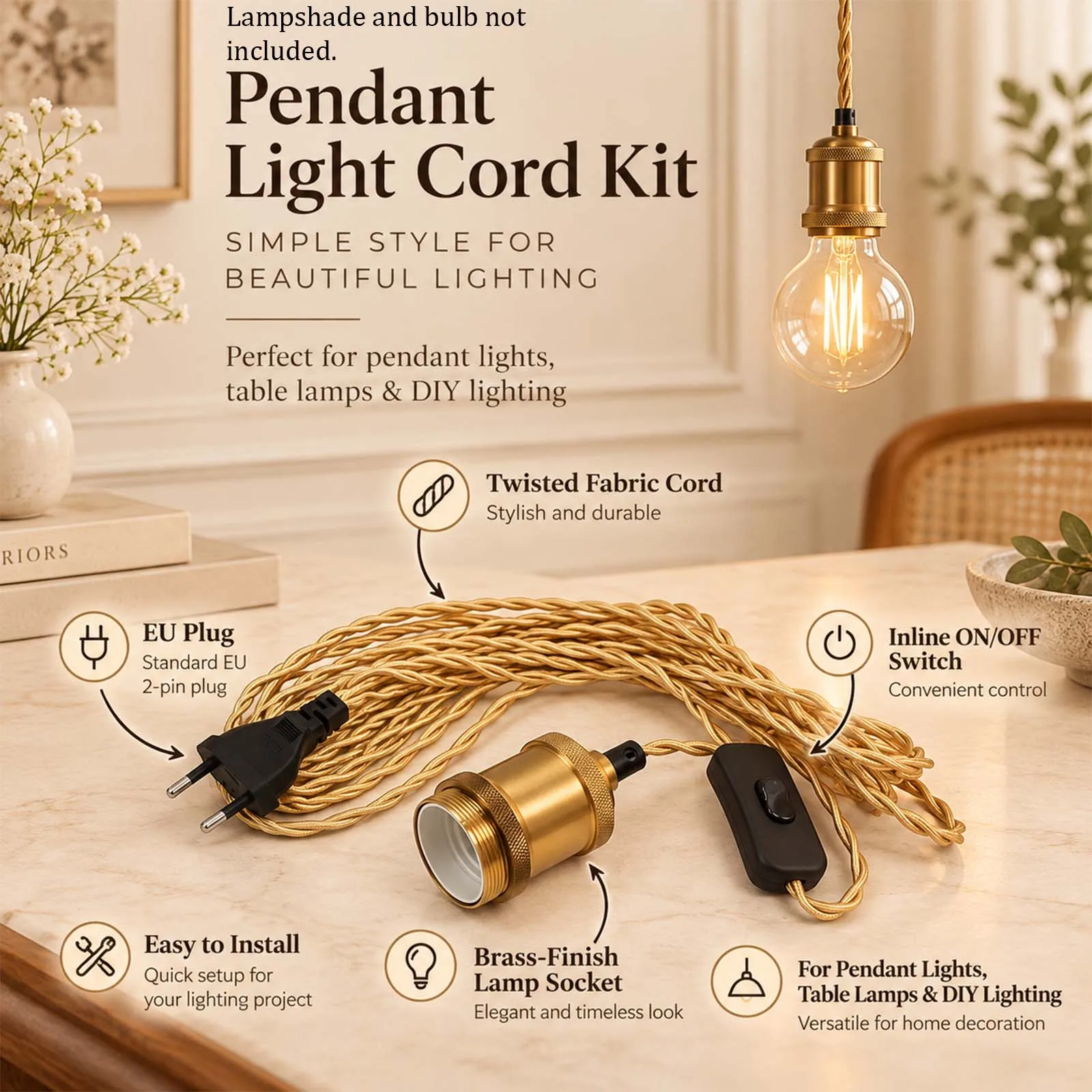 Pendant Wire Set, Light Gold Twisted Cable, Brass Socket, On Off Switch, EU Plug, Retro, Table Lamp, Reading