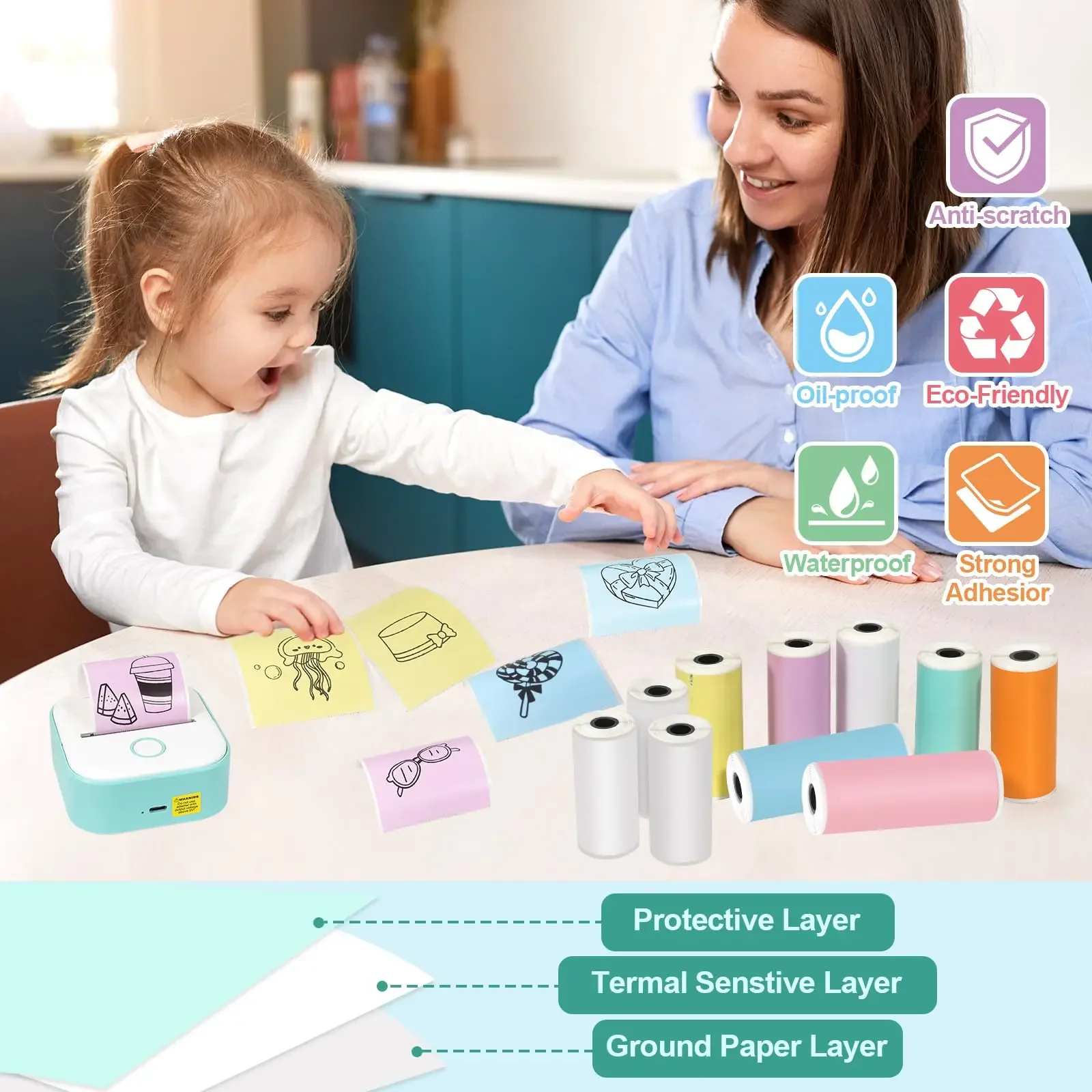 53mm Thermal Paper Self-Adhesive Color Sticker For Mini Thermal Pocket Printers 3-Rolls For Note Text Journal Photo DIY Creation