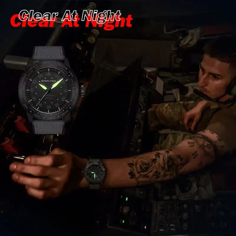 NORTH EDGE MAPLE Solar Quartz Men Watch 50M Waterproof World Time Bezel Nylon / Cowhide Strap Zinc Alloy Case Luminous Analog Sp