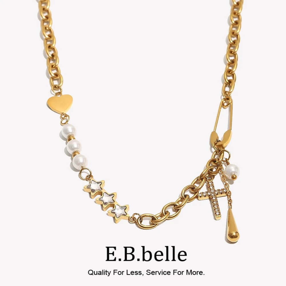 E.B.belle Edelstahl Stern Kreuz Herz Perle Verschiedene Elemente Anhänger Charm Halskette Süßer Stil Damen Zirkon Schmuck