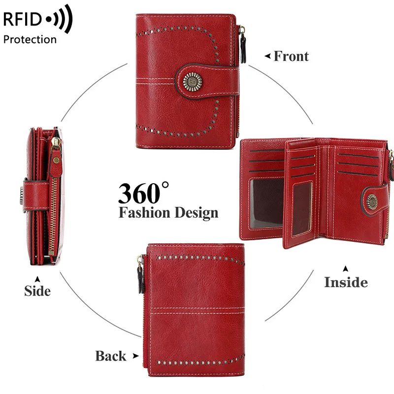 Western RFID Blocking PU Leather Multi Card Slots Women Wallet Fashion Hollow out Hasp Zipper Purse for Ladies