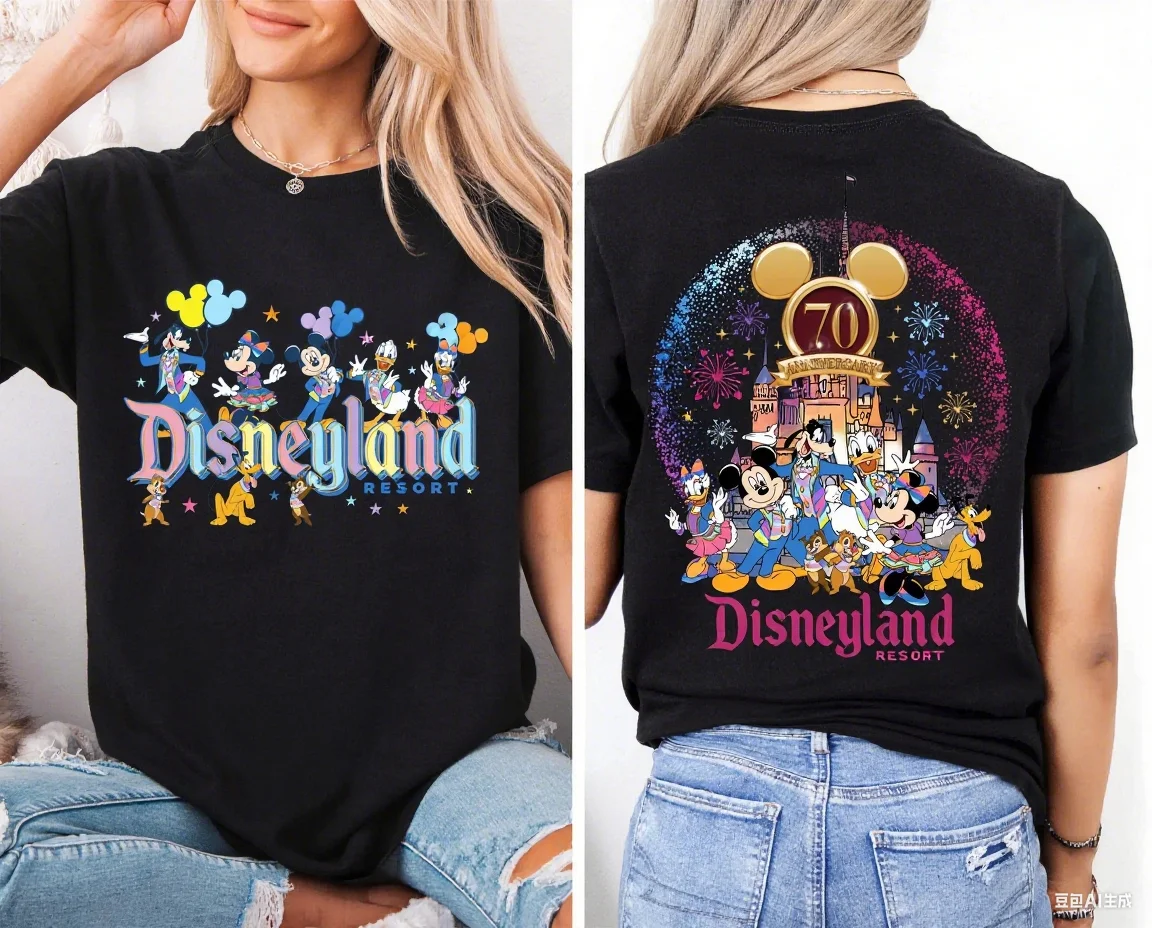 ديزني لاند الوالدين والطفل الذكرى السبعين السنوات السحرية تي شيرت ميكي والأصدقاء الذكرى المرأة الرجال قصيرة الأكمام