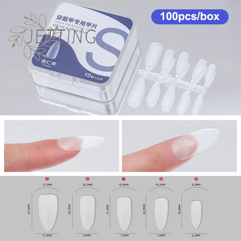 핫 100개/박스 투명 프레스온 네일 커버리지 짧은 물방울 모양 풀 스티커 네일 팁