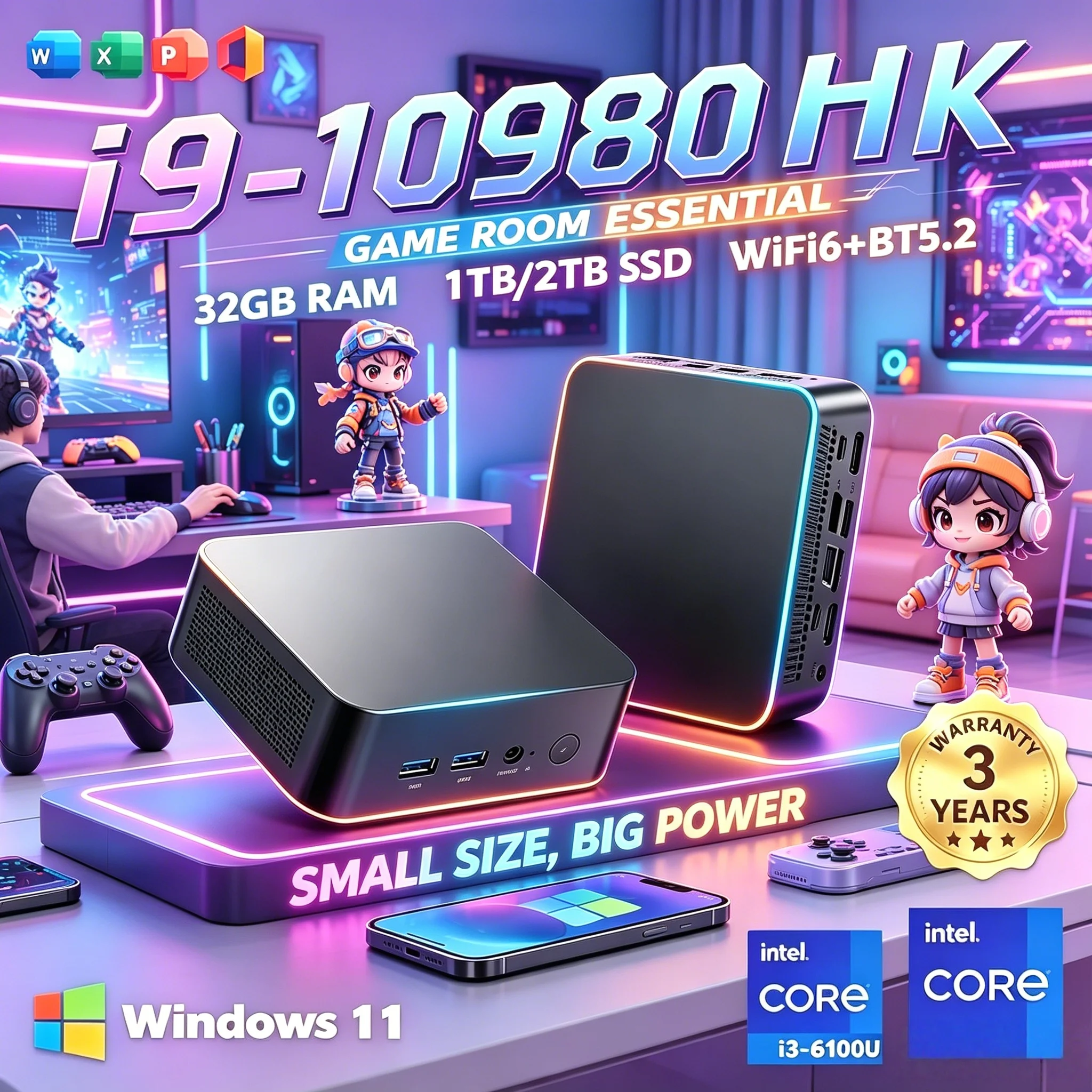 Laptop Compact Pocket I9 Mini PC 32GB RAM WiFi6 Bluetooth5.2 4K HD Visual Experience Home Office Universal Computer