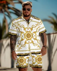 L-9XL Short Sleeve Shirt Shorts Set Plus Size Men's Summer Natural Animal Simple Symbol Print Holiday Style Two Piece Set ZOOY