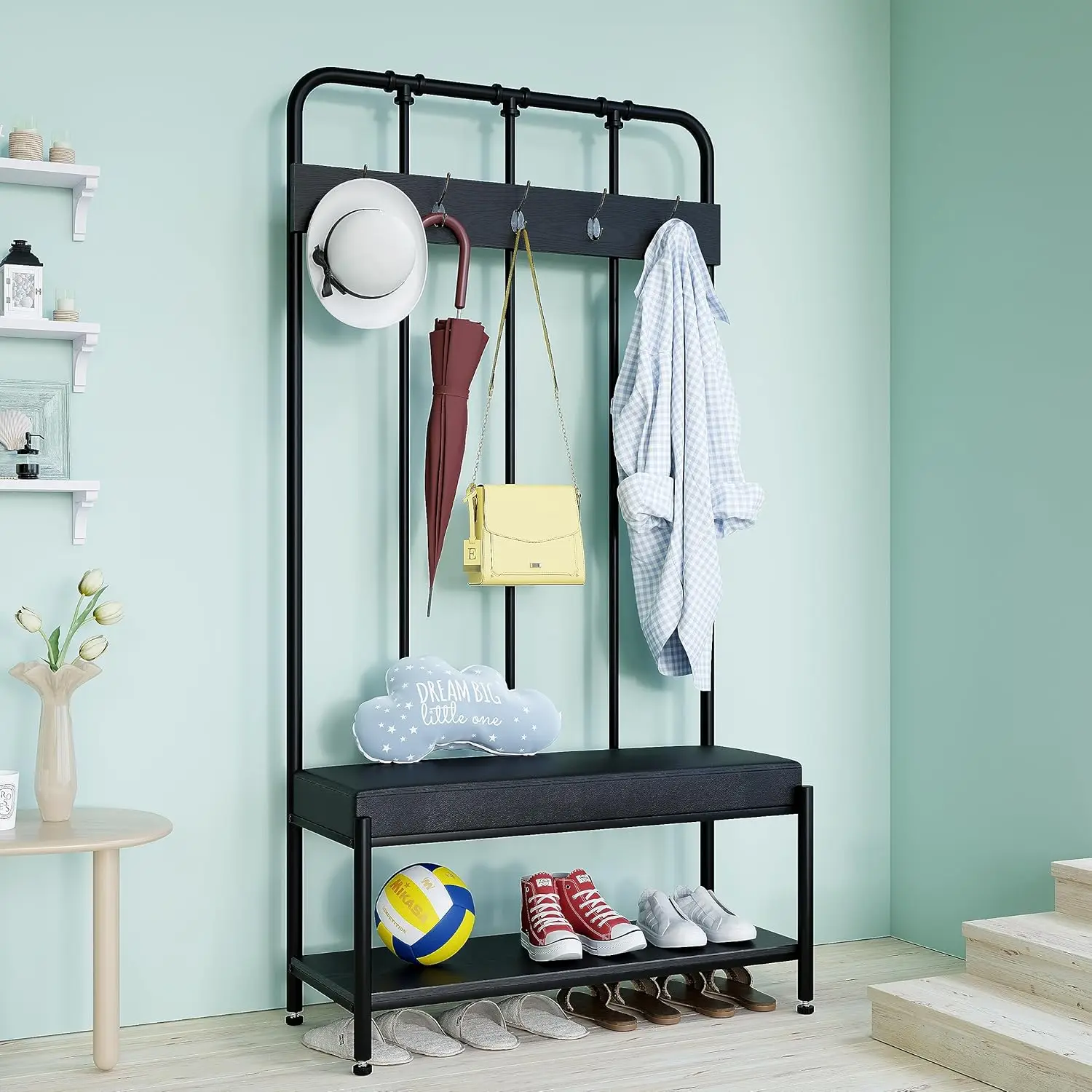 

Coat Rack Shoe Bench, Entryway Hall Tree with Shoe Storage, Freestanding Coat Hanger Organizer with 5 Hooks & Faux, Customized