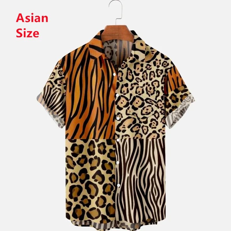 

Summer Hawaii Mens Shirt Y2k Tops Leopard Print Short-sleeved Harajuku Holiday Party T-shirt Casual Oversized Lapel Blouse Tops