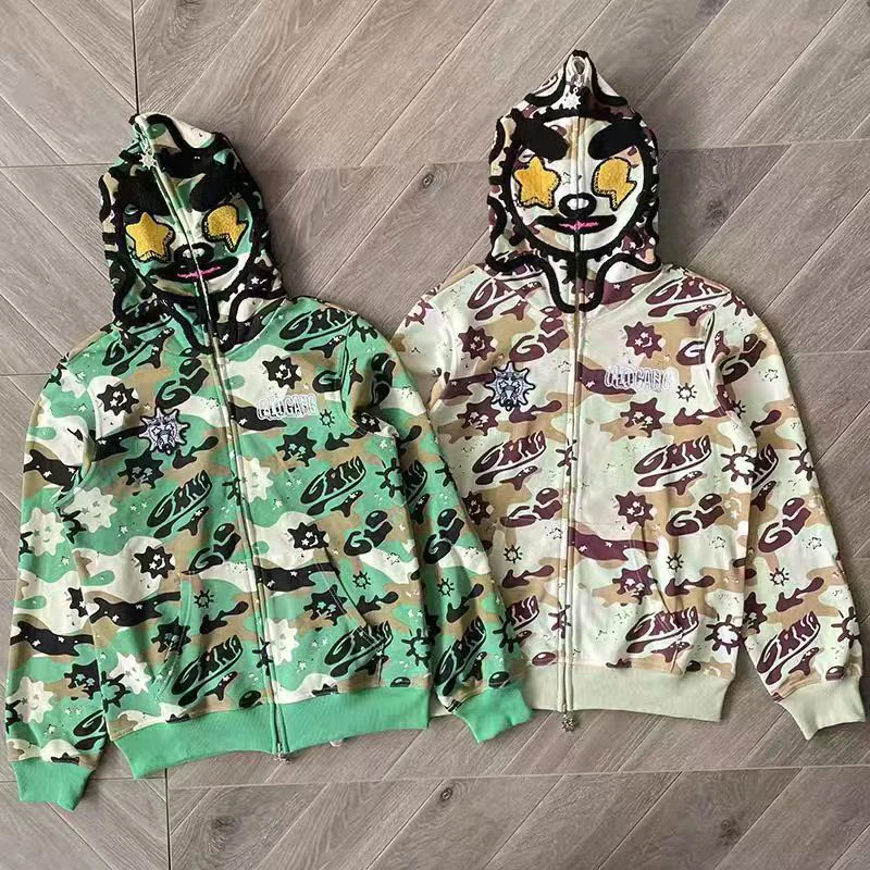 

2024 New Glo Gang The Glory Casual Hoodie Embroidered Green Camouflage Print Men Women Comfortable Pockets Zip Up Sweatshirts