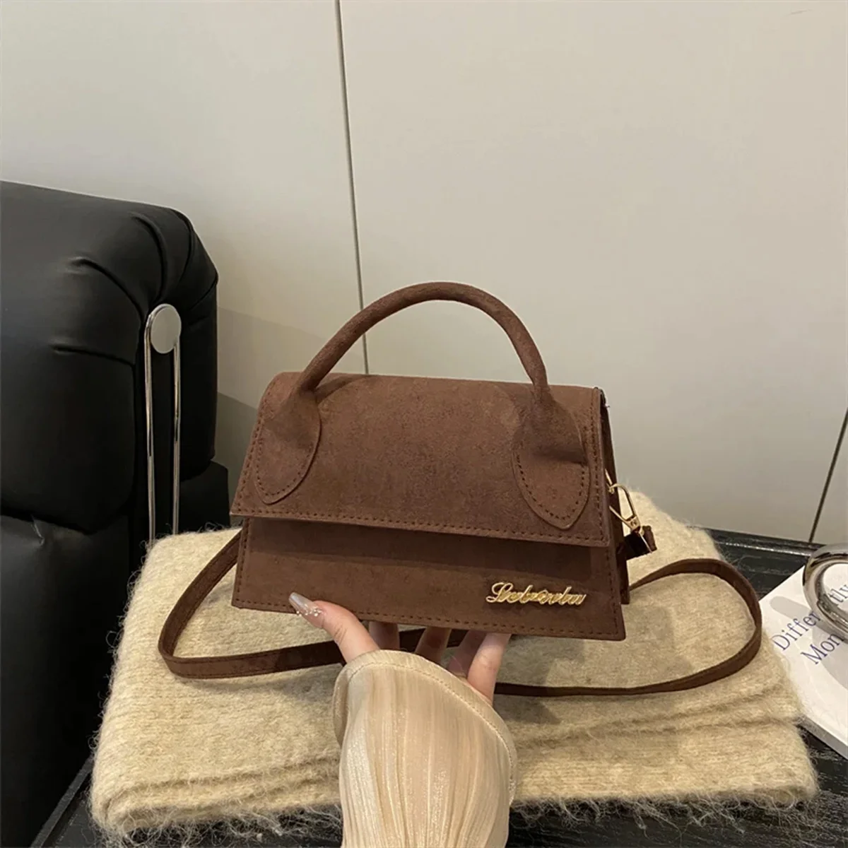 

For Daily Commute Shopping Retro Mini Suede Crossbody Bag with Gold Letter Logo Flap Magnetic Snap PU Adjustable Strap Handbag