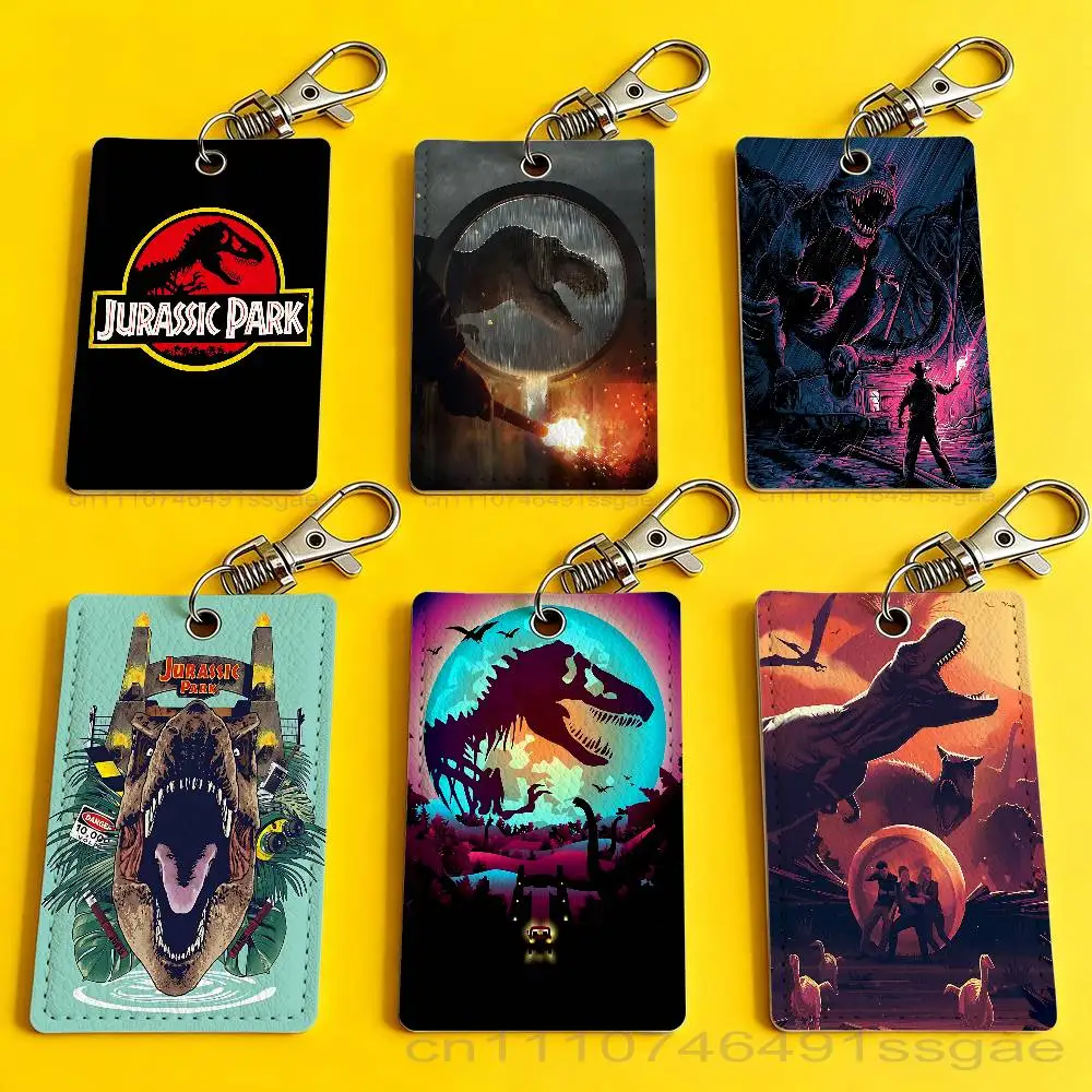 J-Jurassic P-Park wrold Card Case Leather Card Holder Keychain Key Ring Door Access Tags ID Card Case Keychain