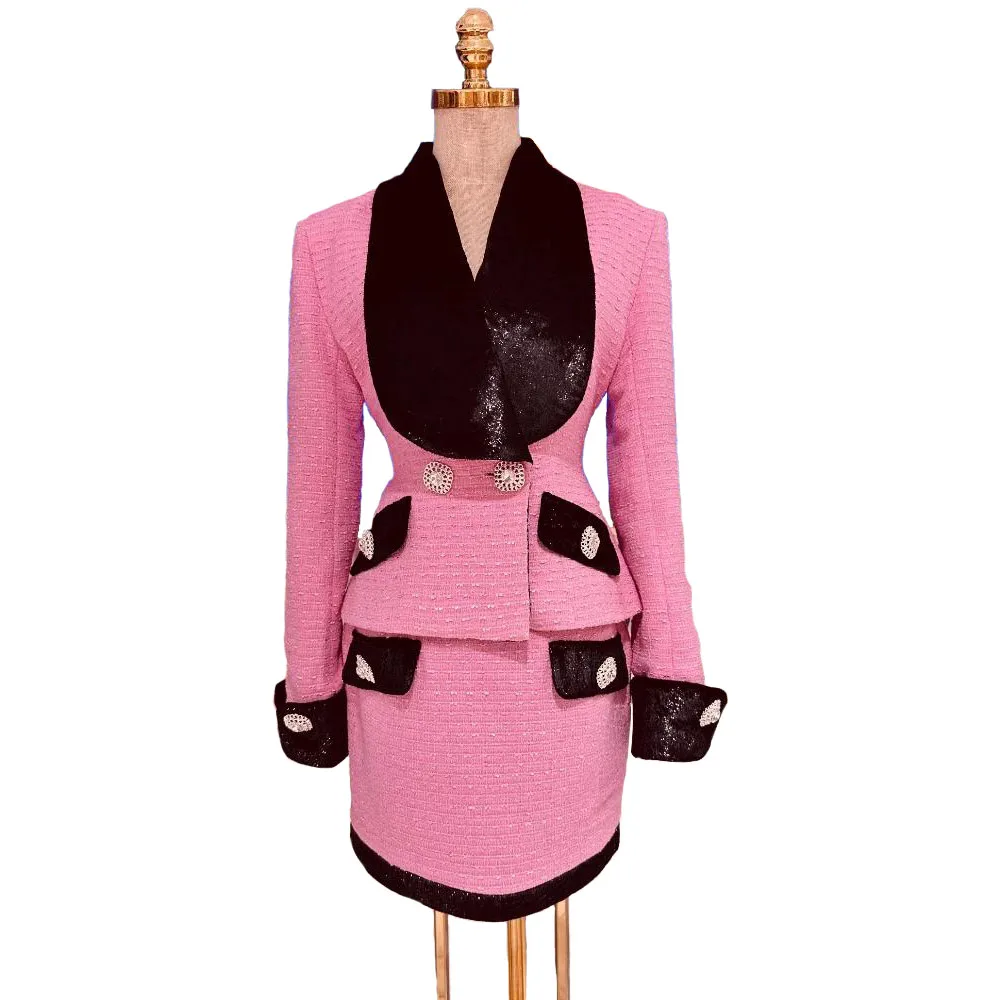 Advanced Custom Pink Velvet Stitching Suit Women Autumn Winter Woven Diamond Button Tweed Coat+Skirt Vintage Elegant 2-Piece Set