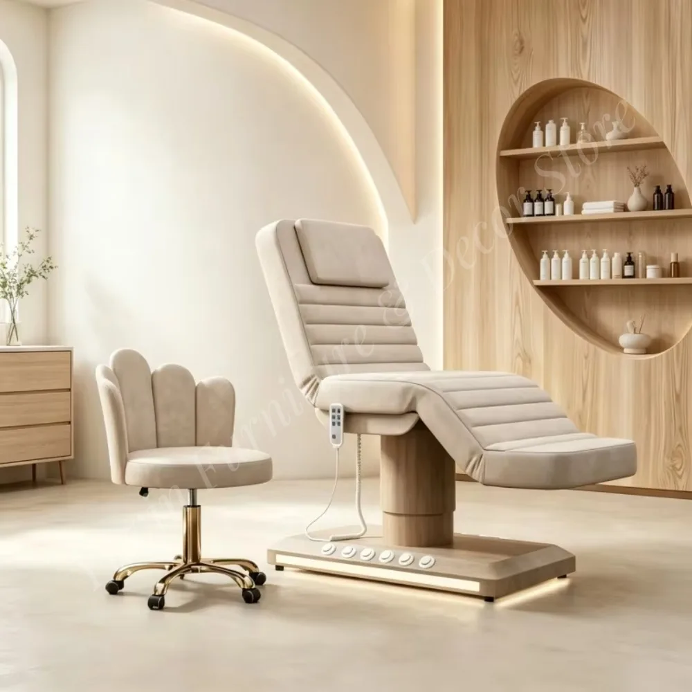 Modern Beauty Salon Furniture Leather Massage Table Wood Grain Cylinder Base Electric Velvet Facial Spa Lash Bed