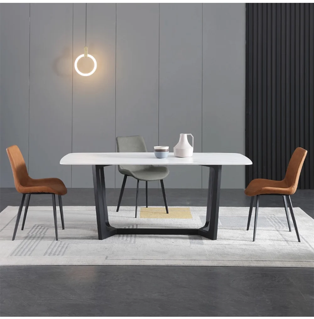 #Italian Minimalist Black Luxury Carbon Steel Feet Rectangle Table Sintered Stone Marble Restaurant Furniture